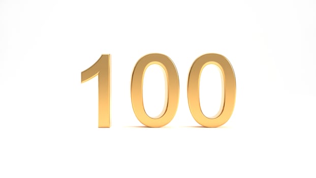 100 followers symbol 3d rendering. Gold 100 3d number illustration on white background. Celebration or thank you concept banner. photo