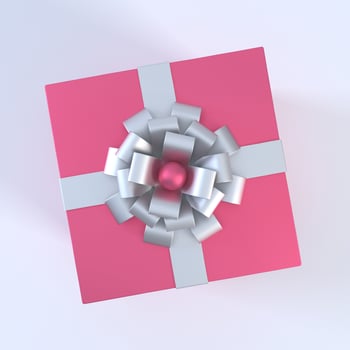 Top view of 3d pink gift box with silver ribbon and bow isolated on white background. Giving present, happy new year, christmas, valentine's day, birthday, shopping, banner, sale concept. photo