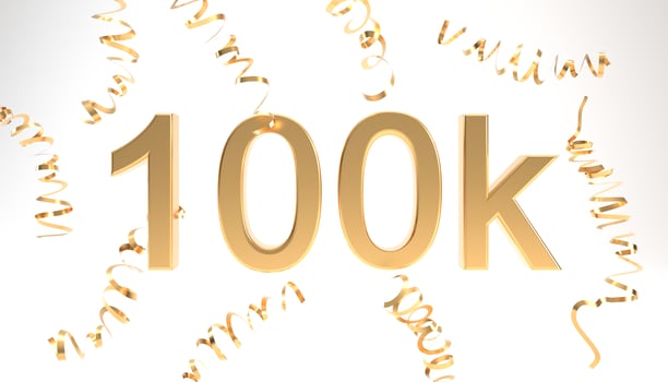 100k followers symbol with confetti 3d rendering. Gold 100k 3d number illustration on white background. Celebration or thank you concept banner. photo