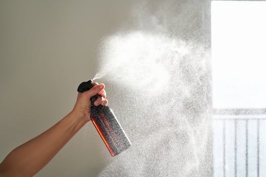 A woman's hand sprays an air freshener in a room. photo