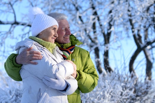 Happy senior couple at snowy winter park photo
