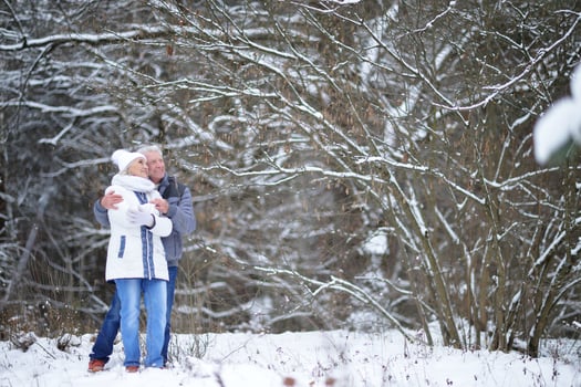 Happy senior couple at snowy winter park. photo
