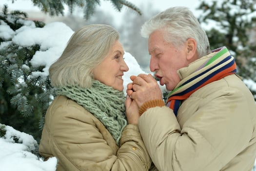 Happy senior couple walking in winter outdoors photo