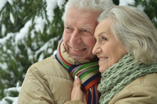 Happy senior couple walking in winter outdoors photo