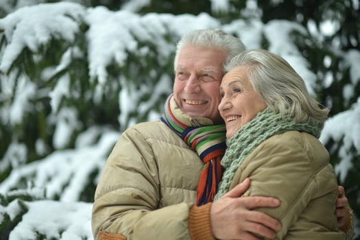 Happy senior couple walking in winter outdoors photo