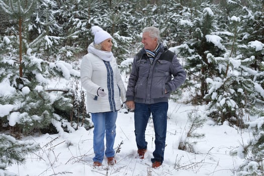 Happy senior couple at snowy winter park. photo