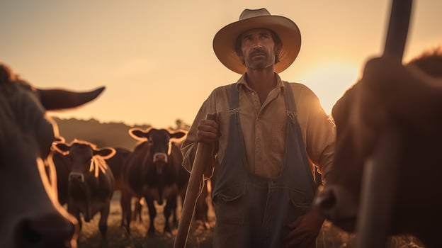 Dedicated farmer with cattle at sunrise, a new day on the farm. photo