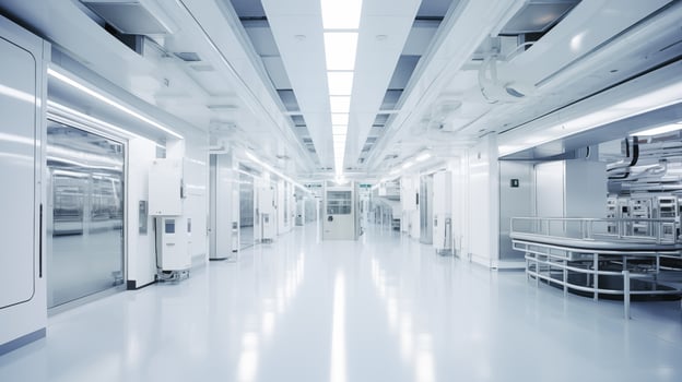 Sleek pharmaceutical laboratory corridor with automated equipment. photo