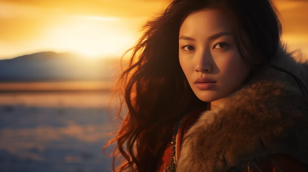 Winter's gaze, woman adorned in fur against a sunset backdrop. photo