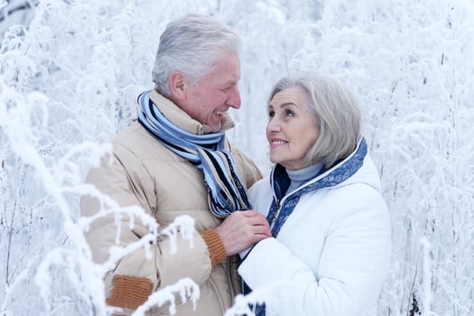 Portrait of beautiful elderly couple in winter park photo