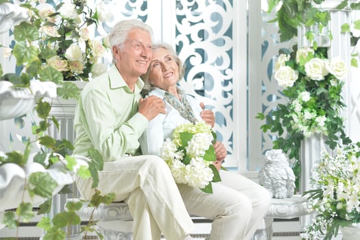 Happy beautiful senior couple posing together at home photo