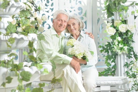 Happy beautiful senior couple posing together at home photo