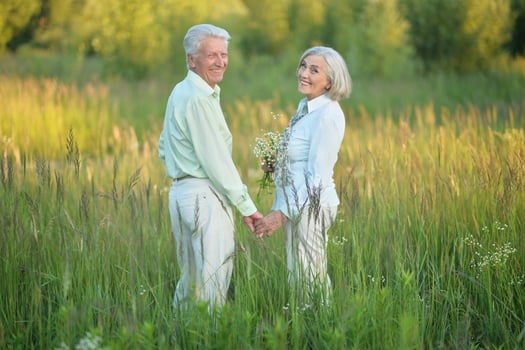 Beautiful senior couple relaxing and posing in the summer park photo