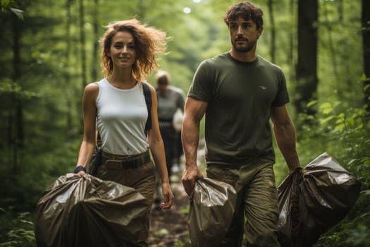 the scene of male and female volunteers in the forest, outfitted for plastic cleanup photo