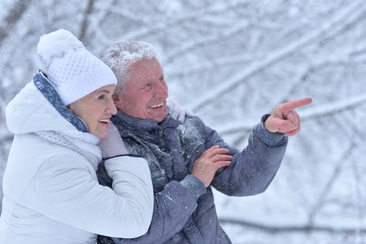 Happy senior couple posing at winter park photo