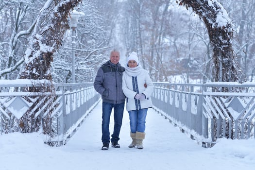 Happy senior couple walking at winter outdoors photo