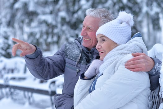 Happy senior couple posing at winter park photo