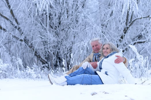 Portrait of beautiful elderly couple rejoice together in winter photo