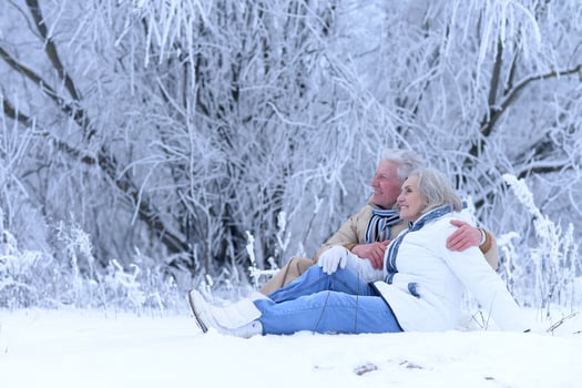Portrait of beautiful elderly couple rejoice together in winter photo