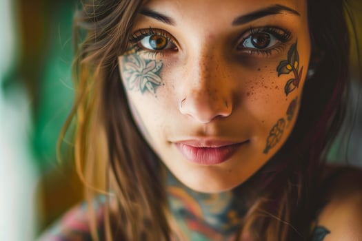 A close up of a woman with tattoos on her face photo