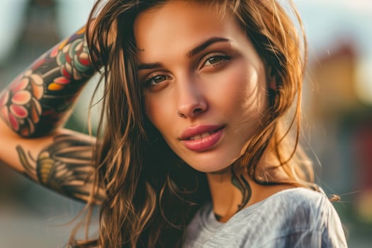 A close up of a woman with tattoos on her arms photo