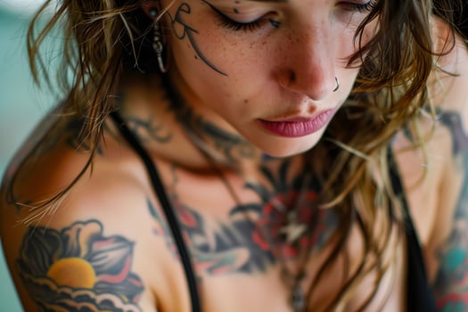 Woman with tattoos on her arms and chest looking down photo
