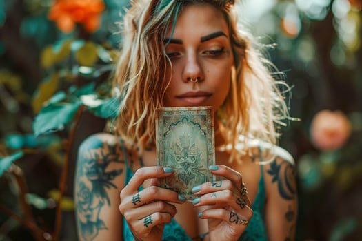 A woman with tattoos holding a tarot card in her hands photo