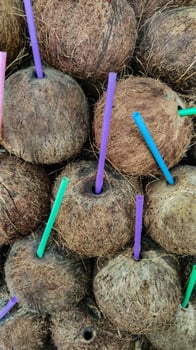 Coconut background with colorful plastic cocktail drinking tubes, vertical frame. photo