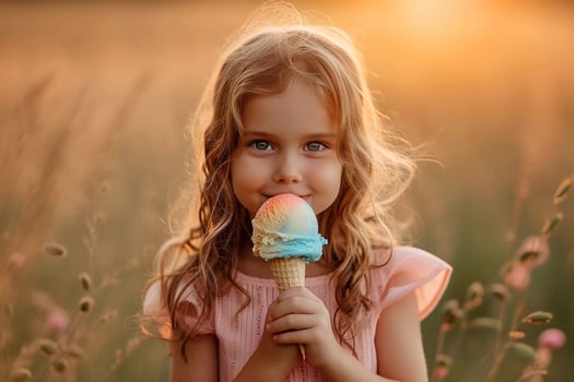 A little girl eats ice cream in a waffle cone photo
