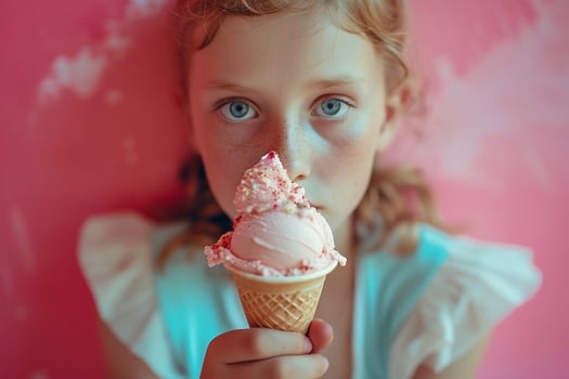 A little girl eats ice cream in a waffle cone photo