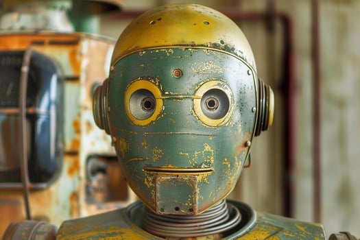 Vintage robot head on a background of old rusty machine. photo