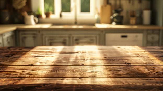 Empty wooden table with blurred kitchen background in warm sunlight photo