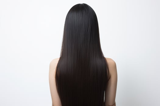 Woman with glossy brunette hair from behind, white backdrop photo