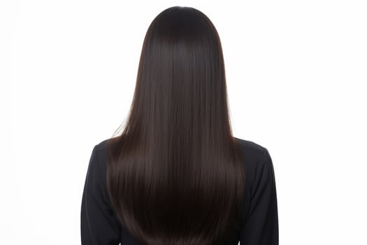 Woman with glossy brunette hair from behind, white backdrop photo