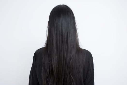 Woman with glossy brunette hair from behind, white backdrop photo