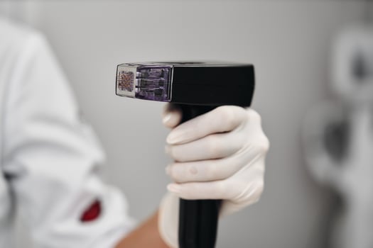 A woman receives Rf-lifting in a beauty salon. photo