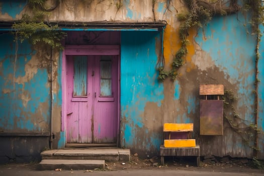 Blue wall of house with purple weathered old wooden door photo