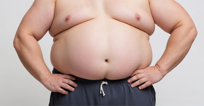 Cropped male protruding belly on grey background photo
