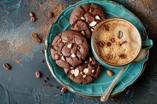 Chocolate almond cookies on the plate, cup of cappuccino. Good for banner, poster, advertising, interior design photo