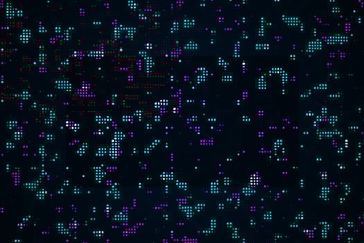 Neon digital background with glowing blue and purple pixels on a black photo