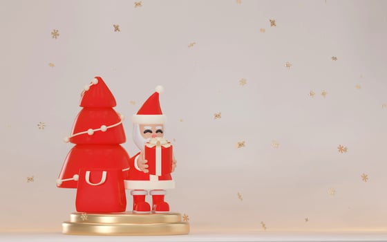3D rendering, Santa Claus holding red gift and christmas tree on glod stand with white background and Snow covered, 3d rendering illustration. photo