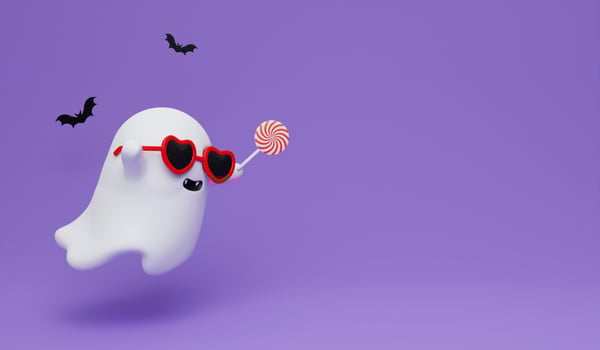 Happy Halloween Festive. Halloween white ghost cute smile face hold candy and bat on purple background . 3d cartoon style. Holiday Hallows' Eve or Saints' Eve. copy space. 3d render. photo