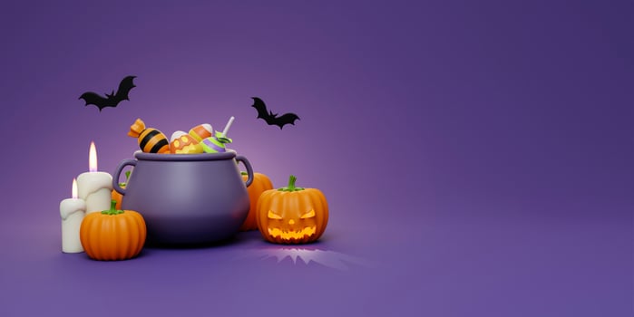 Happy Halloween Festive. Halloween candy in boiling pot, pumpkin, candle and bat . 3d cartoon style. Holiday Hallows' Eve or Saints' Eve. copy space. 3d render. photo