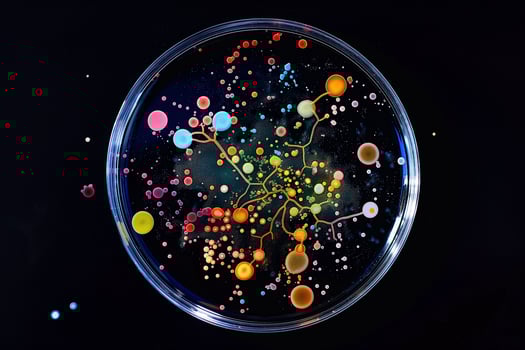 Colorful microbial cultures in a Petri dish linked by geometric lines, highlighting network science in microbiology, perfect for educational use. photo