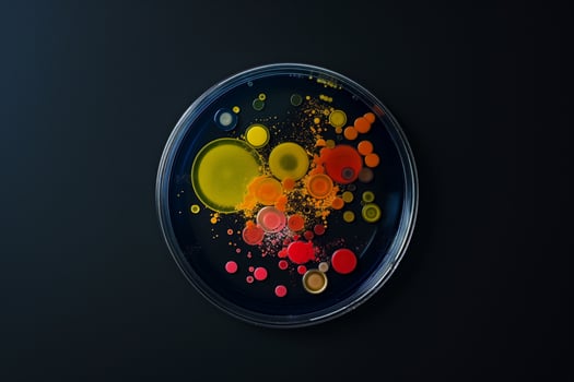 An artistic rendition of bacteria cultured in a Petri dish, highlighted by vivid, vibrant colors. complex and often beautiful nature of scientific research in microbiology. photo
