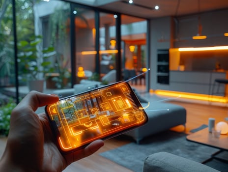 Smart Home Technology. Human hand is holding smart phone with launched Smart home application. photo