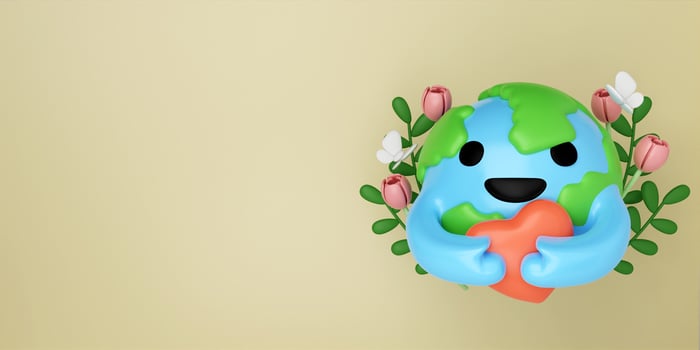 3d planet hug heart with flower and butterfly on yellow background. Concept of Save the Earth, Protect environmental and eco green life, ecology and nature protect. 3d rendering illustration. photo