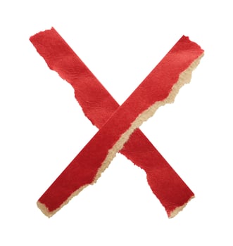 Adhesive red paper X shaped tape cut out on white background photo