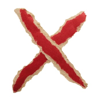 Adhesive red paper X shaped tape cut out on white background photo