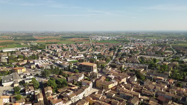 Aerial view Valeggio sul Mincio is a comune in Italy, located in the province of Verona, Venice region. Top view of typical Italian house roofs photo
